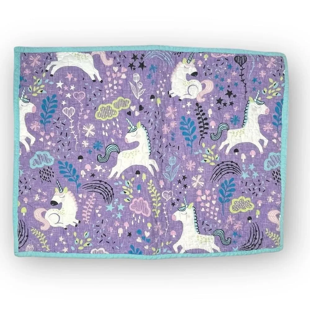 Urban Habitat Kids Ella Unicorn Quilt Quilted 3 Pillow Shams Purple Teal Used